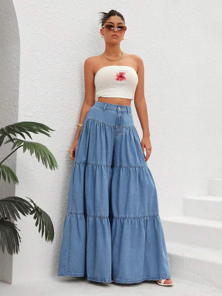 CM-BS053530 Women Casual Seoul Style Light Wash High Waist Ruffle Hem Wide Leg Jeans
