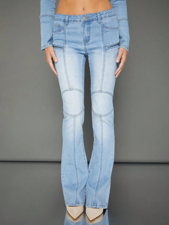 CM-BS548654 Women Casual Seoul Style Drop Waist Skinny Bootcut Denim Jeans - Blue