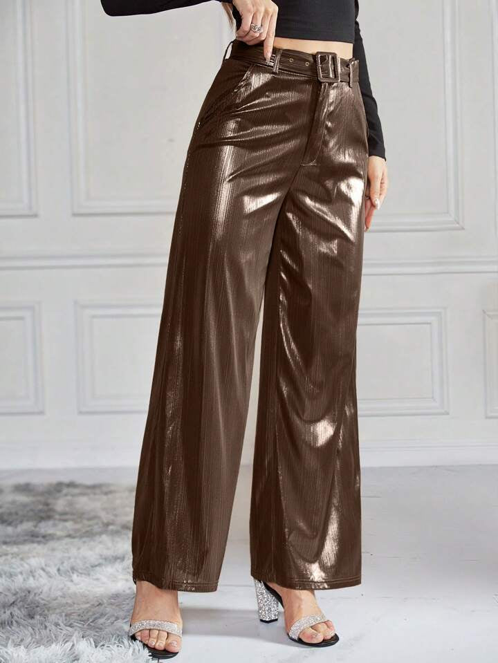 CM-BS994540 Women Elegant Seoul Style High Waist Belted Metallic Wide Leg Pants - Brown