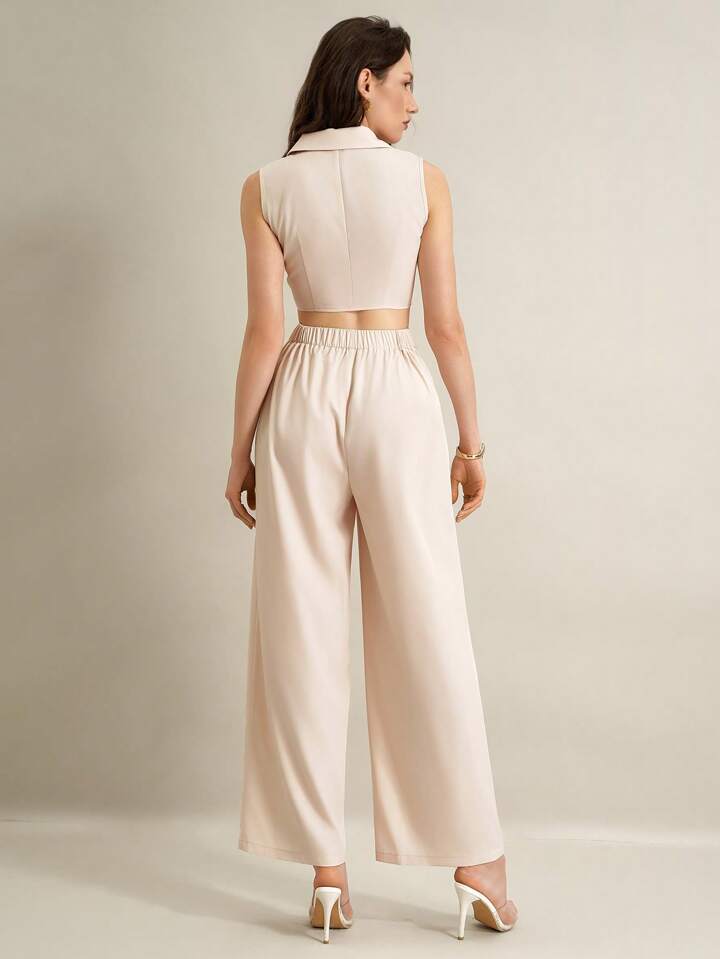 CM-JS609550 Women Elegant Seoul Style Blazer Collar Hollow Out Backless Sleeveless Jumpsuit - Apricot