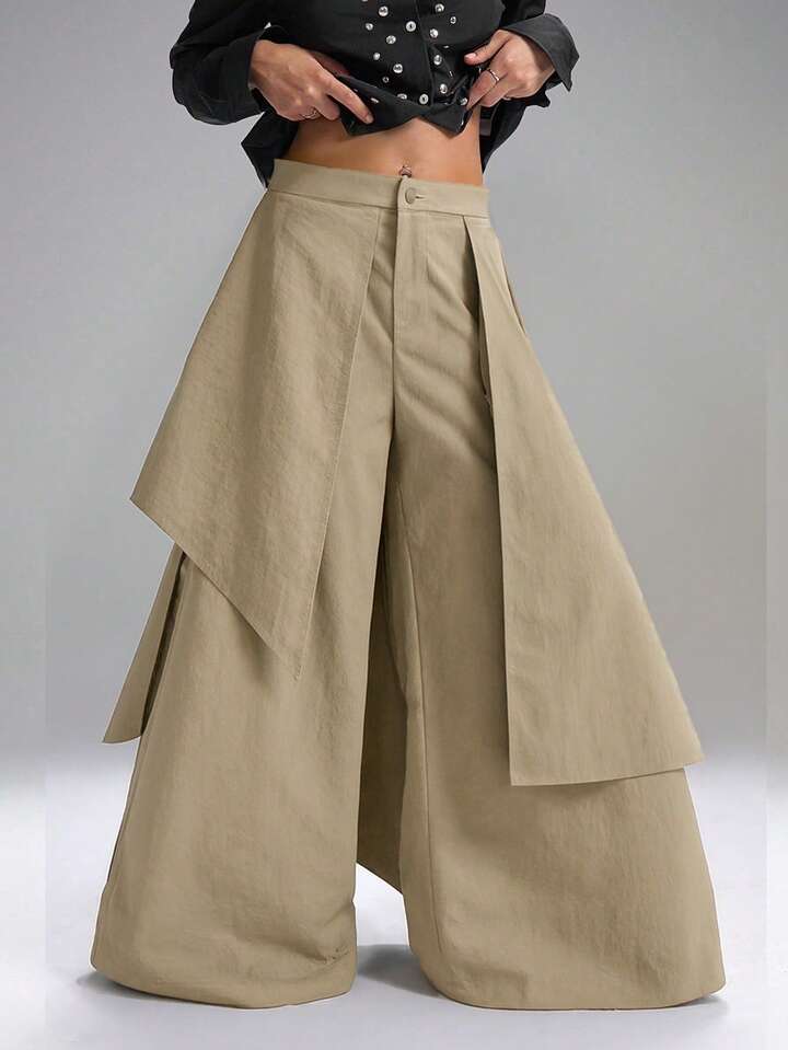 CM-BS133321 Women Casual Seoul Style Mid Waist Solid Color Loose Fit Wide Leg Pants - Khaki