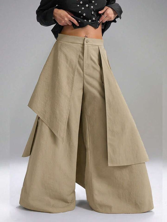 CM-BS133321 Women Casual Seoul Style Mid Waist Solid Color Loose Fit Wide Leg Pants - Khaki