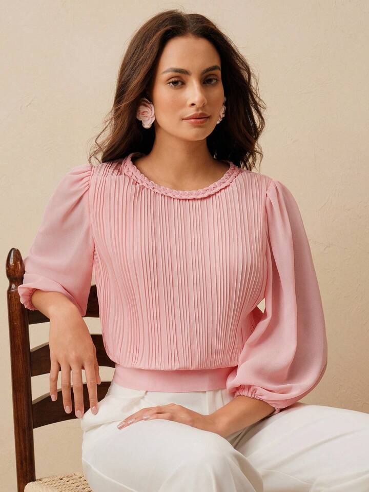 CM-TS771066 Women Elegant Seoul Style Cable Knit Round Neck Pleated Lantern Sleeve Slim Fit Blouse - Pink