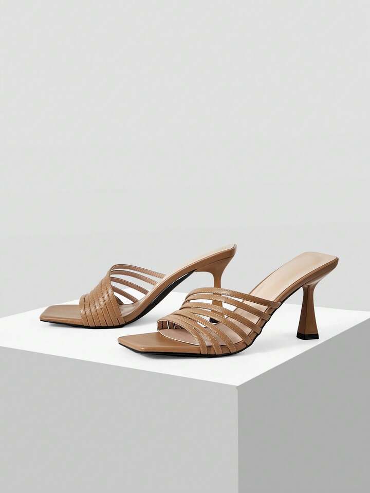 CM-SHS159881 Women Trendy Seoul Style Square Toe High Heel Slide Sandals - Camel