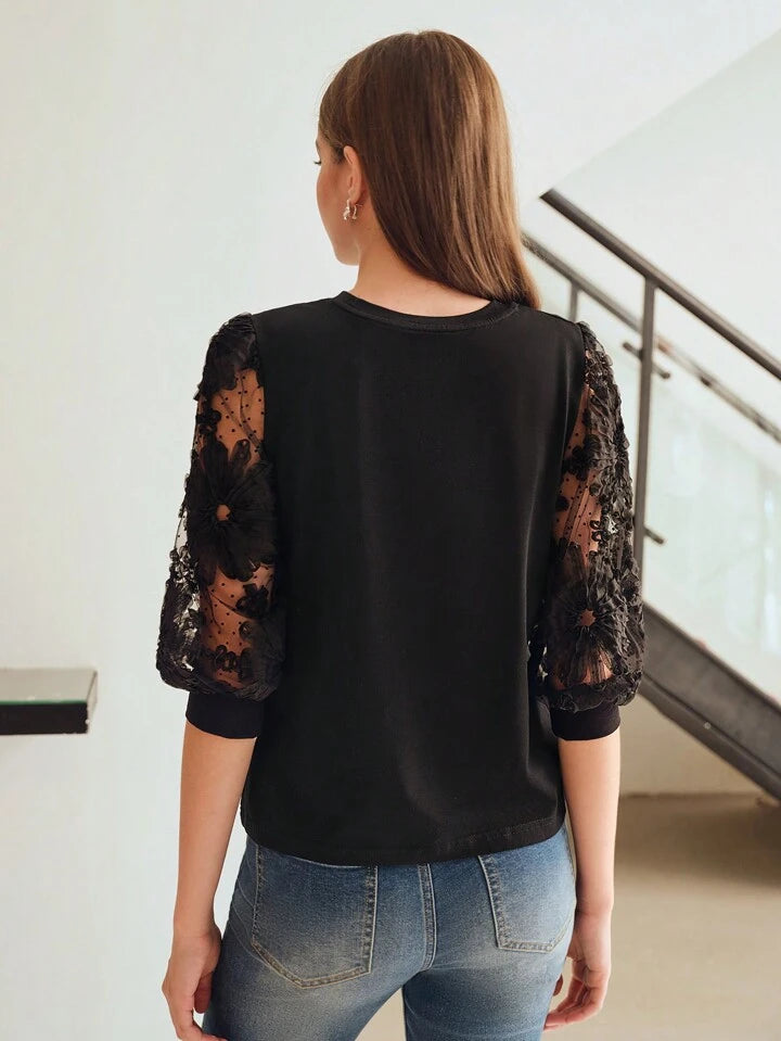 CM-TS949863 Women Elegant Seoul Style Round Neck Floral Pattern Dobby Mesh Lantern Sleeve Tee - Black