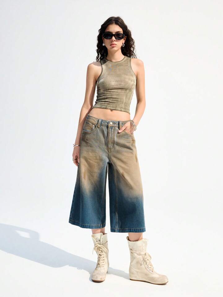 CM-BS727919 Women Casual Seoul Style Loose Flared Wide Leg 7/8 Denim Jeans