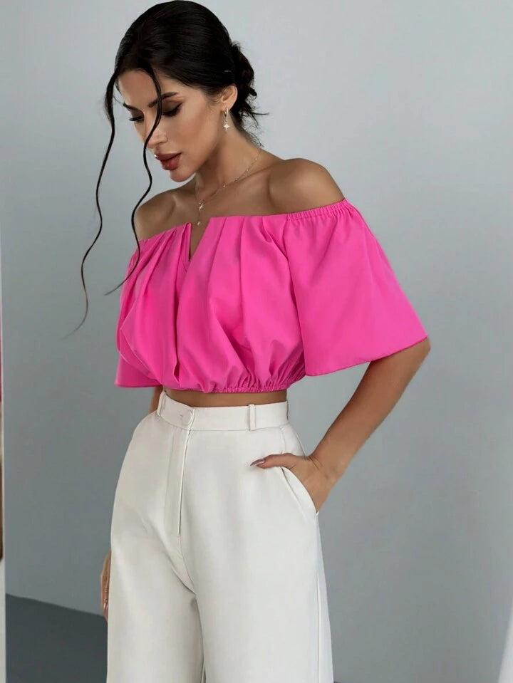 CM-TS963720 Women Casual Seoul Style Off the Shoulder V-Neck Cropped Blouse - Hot Pink