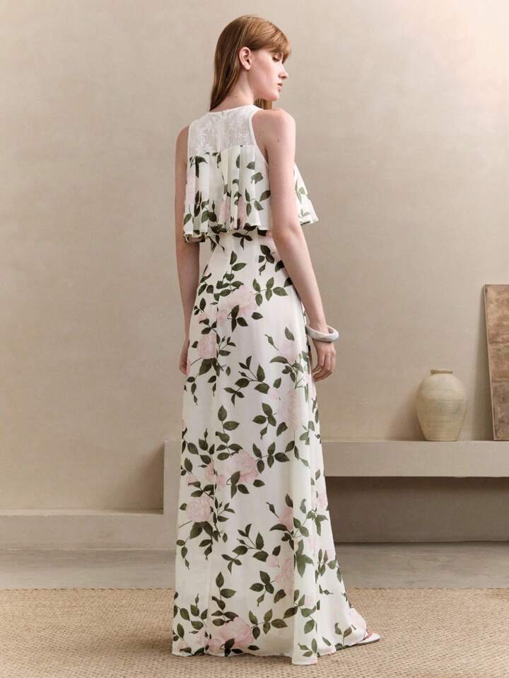 CM-DS131104 Women Elegant Seoul Style Floral Print Crew Neck Waist Cinching Lace Patchwork Ruffle Maxi Dress