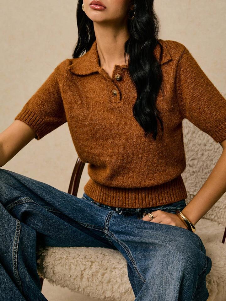 CM-TS884124 Women Casual Seoul Style Polo Neckline Short Sleeve Button Up Pullover Knit Top - Brown