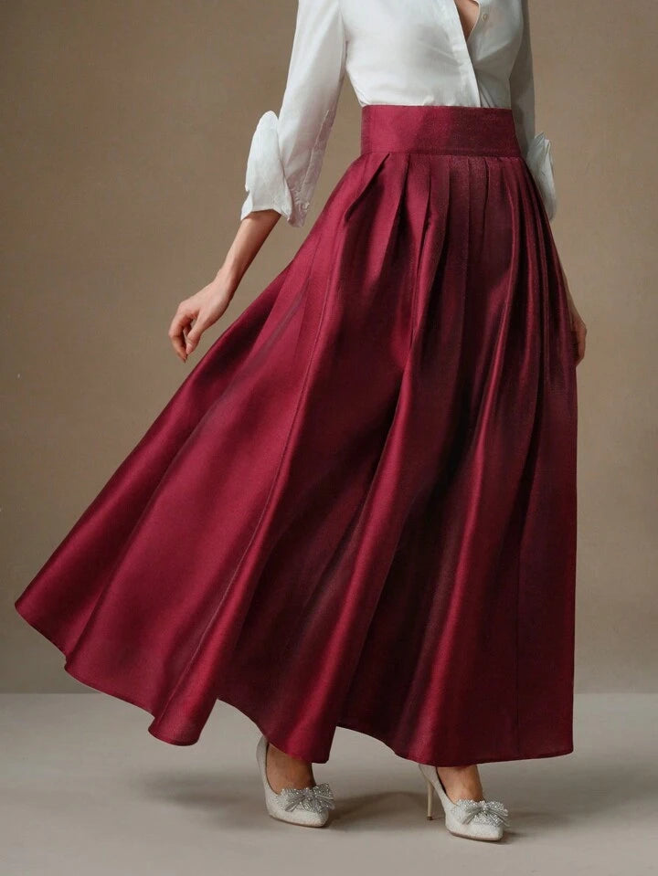 CM-BS386136 Women Elegant Seoul Style High Waisted Puff Pleated Long Skirt - Burgundy