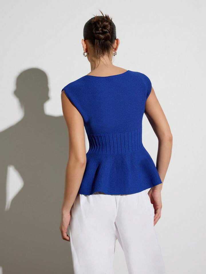 CM-TS228150 Women Casual Seoul Style Boat Neckline Ribbed Knit Cap Sleeve Peplum Top - Blue