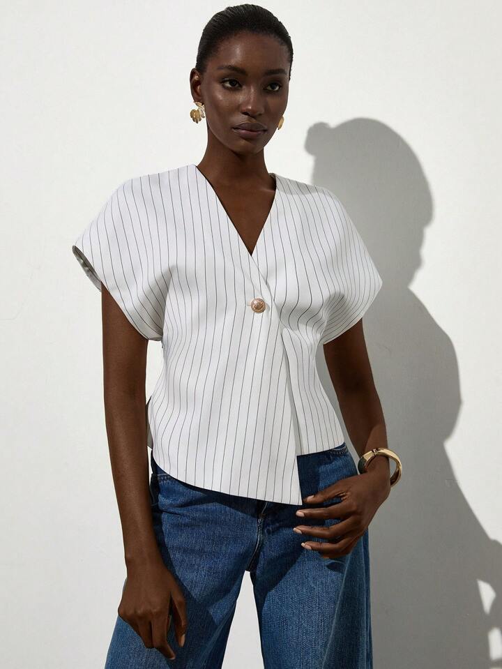 CM-TS249010 Women Casual Seoul Style V-Neck Open Front Asymmetrical Hemline Sleeveless Blouse
