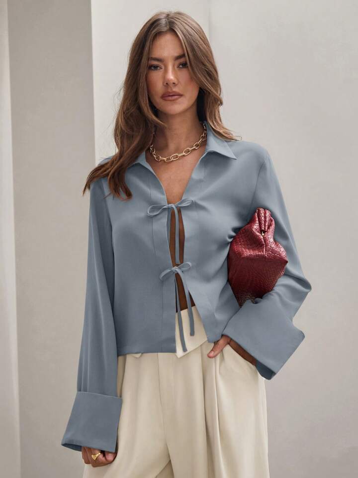 CM-TS815344 Women Trendy Bohemian Style Shirt Collar Front Tie Long Sleeve Shirt - Baby Blue