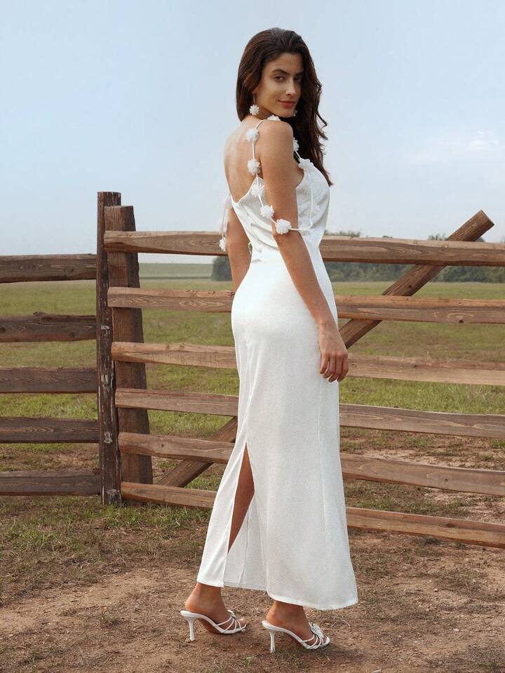 CM-DS824139 Women Elegant Seoul Style 3D Flower Straps Decorative Ruffle Trim Dress - White