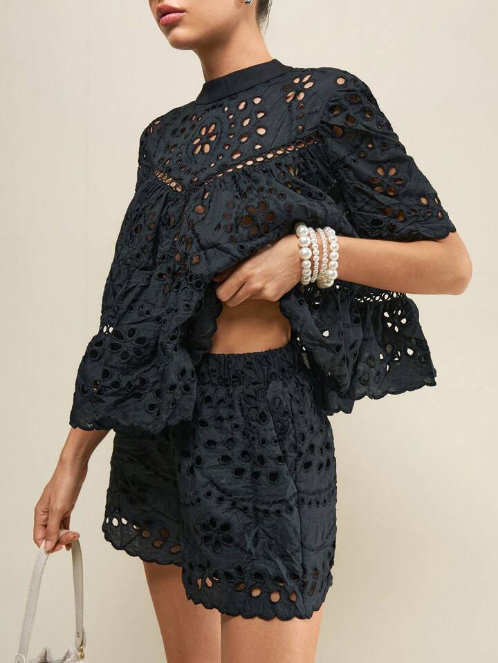 CM-SS113155 Women Casual Seoul Style Hollow Out Embroidered Loose Blouse With Wide Loose Shorts - Set