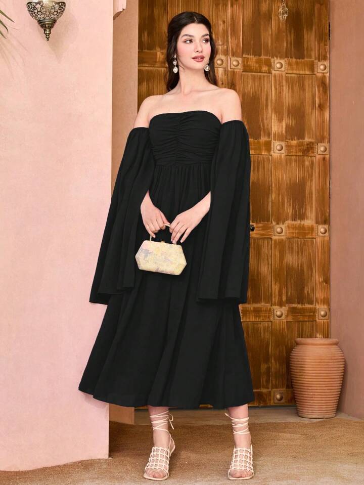 CM-DS339295 Women Elegant Seoul Style Pleated One Shoulder Slit Sleeve Maxi Dress - Black