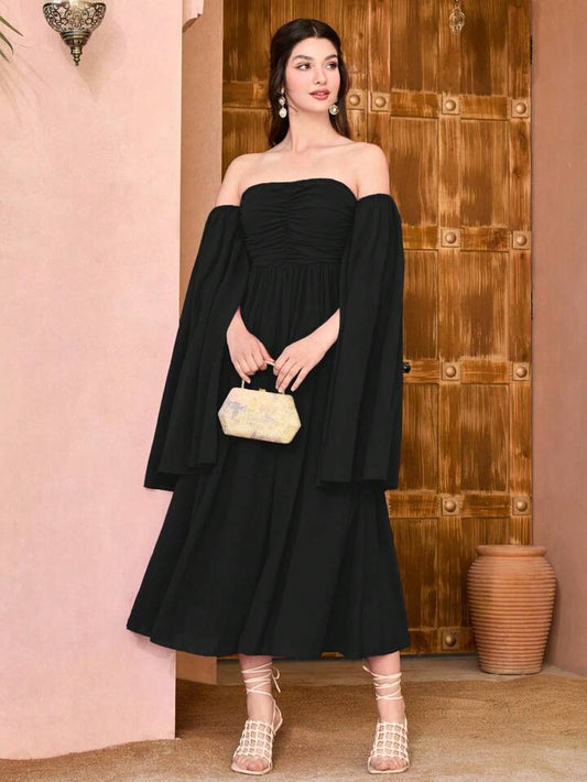 CM-DS339295 Women Elegant Seoul Style Pleated One Shoulder Slit Sleeve Maxi Dress - Black