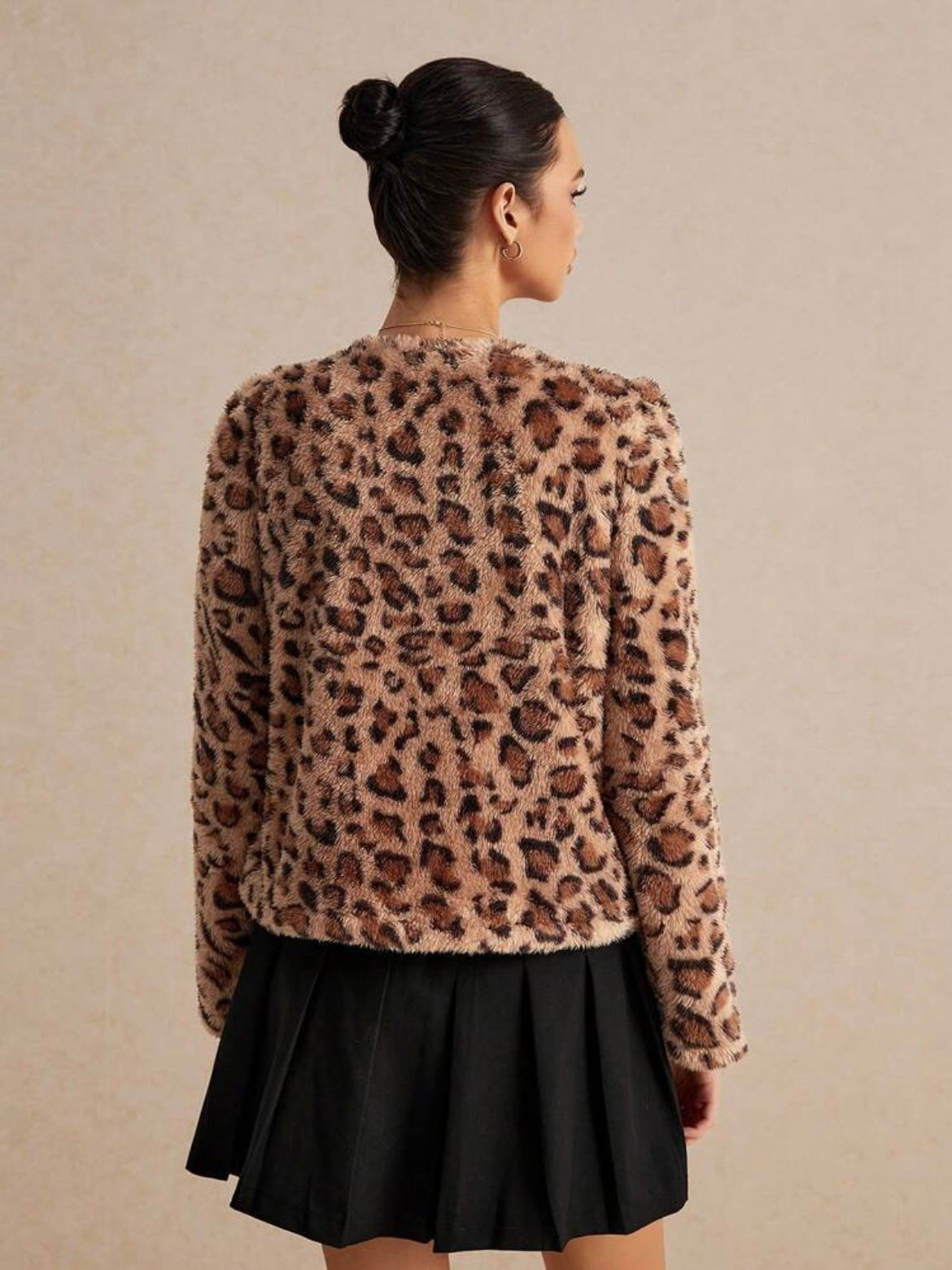 CM-CS449040 Women Casual Seoul Style Round Neck Long Sleeve Leopard Print Jacket - Brown