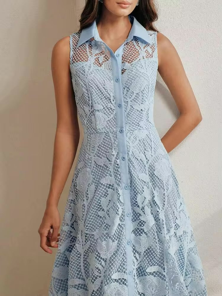 CM-DS689993 Women Elegant Seoul Style Collar Neckline Sleeveless Lace Patchwork Waist Cinched A-Line Dress - Blue