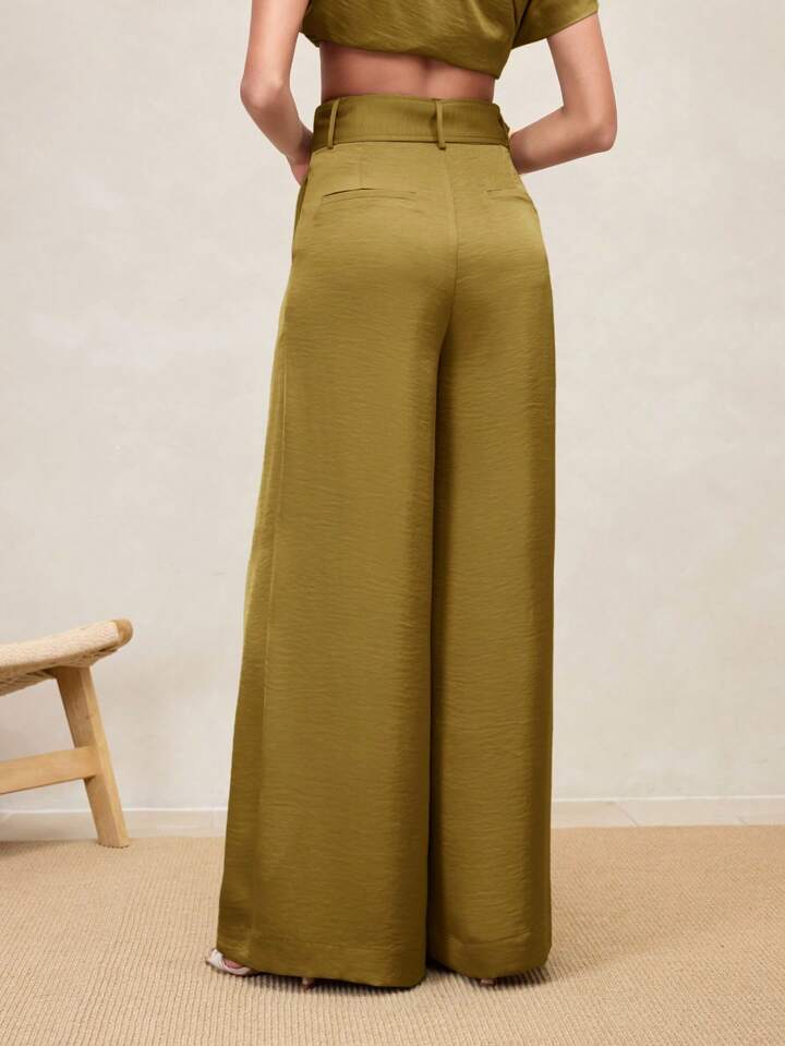 CM-BS266222 Women Casual Seoul Style High Waist Pleated Wide Leg Pants - Khaki