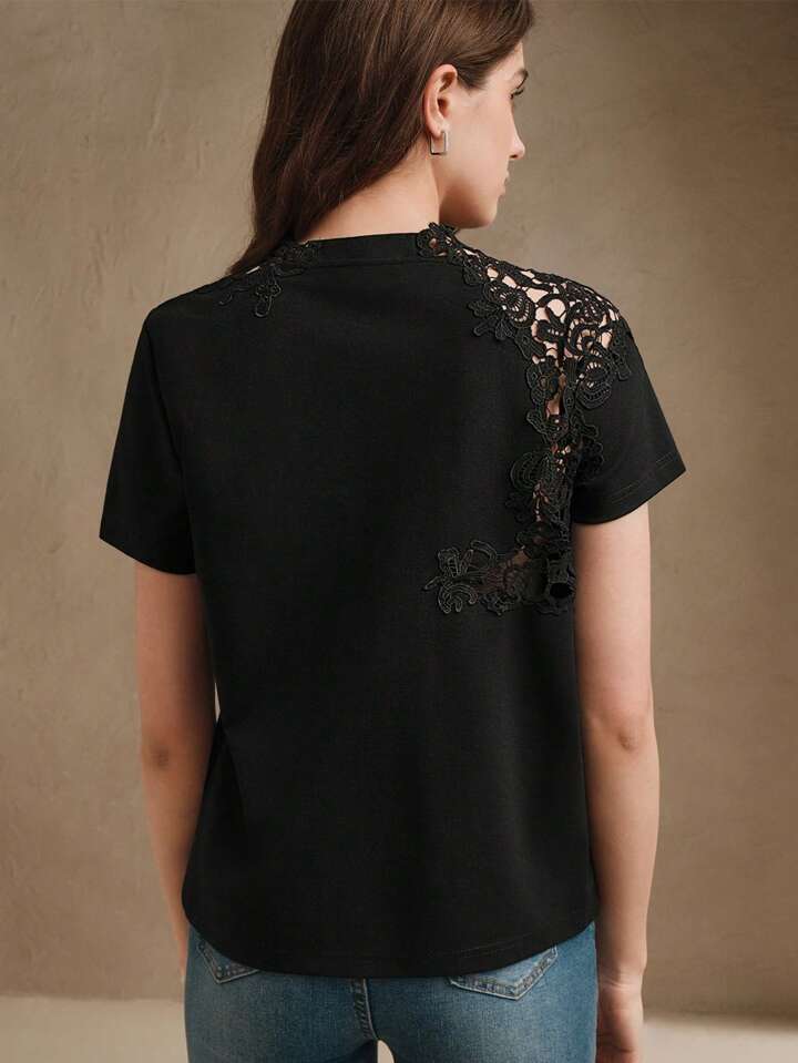 CM-TS707733 Women Casual Seoul Style Lace Crochet Patchwork Hollow Out Short Sleeve Blouse - Black