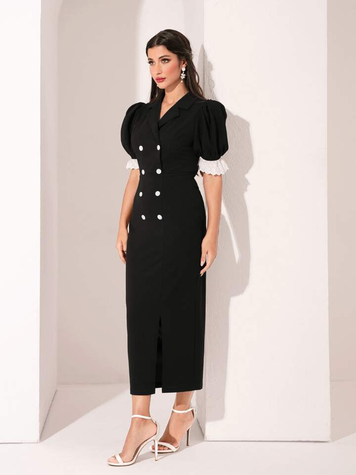 CM-DS031336 Women Elegant Seoul Style Lace Patchwork Double-Breasted Puff Sleeve Dress - Black