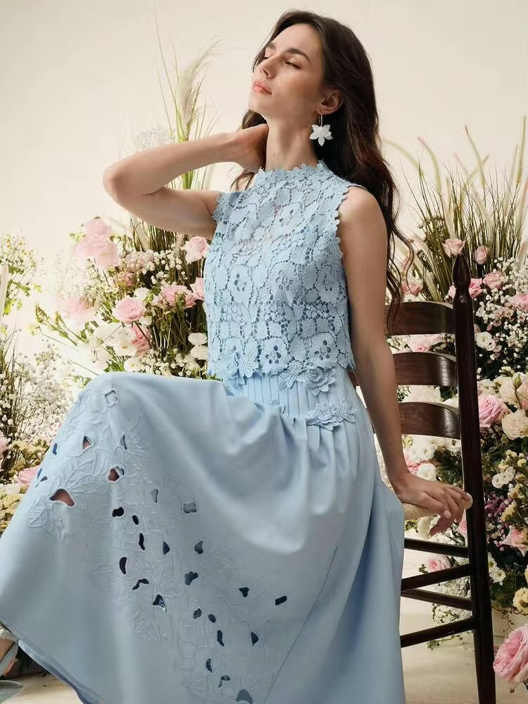 CM-DS956378 Women Elegant Seoul Style Stand Collar Sleeveless Floral Embroidered Lace Midi Dress - Blue