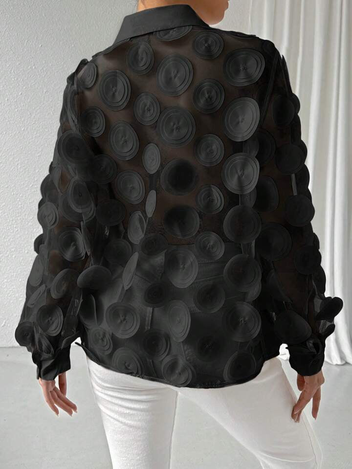 CM-TS751257 Women Elegant Seoul Style 3D Petal Chiffon Hollow Out Lantern Sleeves Shirt - Black