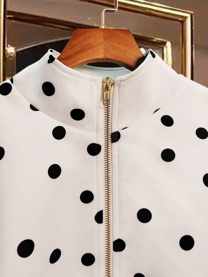 CM-CS807603 Women Elegant Seoul Style Funnel Neckline Long Sleeve Polka Dot Ruffle Hem Knitted Coat