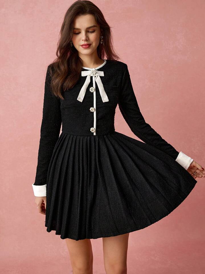 CM-DS901020 Women Elegant Seoul Style Bow Decor Round Neck Long Sleeve Pleated Hem Mini Dress - Black