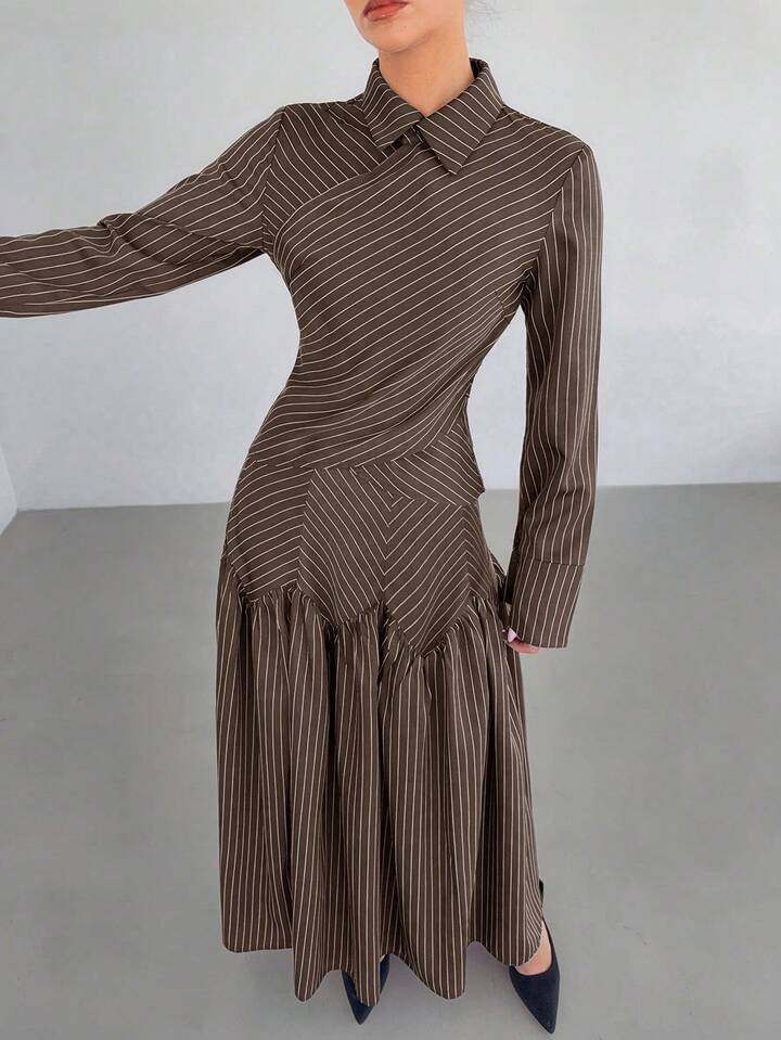 CM-SS628871 Women Elegant Seoul Style Striped Collar Neckline Long Sleeve Shirt With Pleated Maxi Skirt - Set
