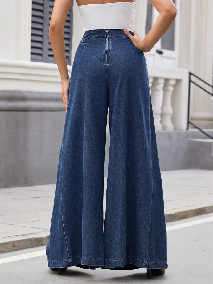 CM-BS220882 Women Casual Seoul Style Dark Wash High Waist Pleated Wide-Leg Jeans