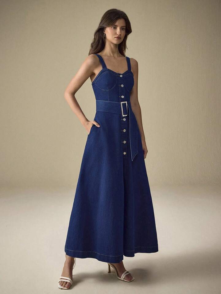 CM-DS980065 Women Elegant Seoul Style Dark Wash Straps Neckline Sleeveless Button Front Buckle Belted Denim Dress