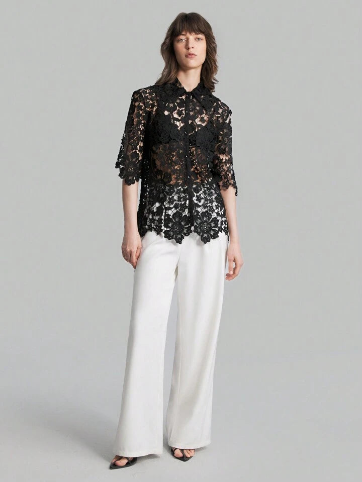 CM-TS336051 Women Casual Seoul Style Stand Collar Short Sleeve Lace Hollow Out Shirt - Black