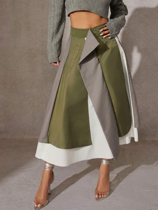 CM-BS574723 Women Casual Seoul Style Colorblock Draped Raw Hem A-Line Skirt