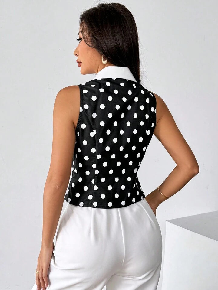 sz2405283825280022CM-TS280022 Women Casual Seoul Style Peter Pan Collar Sleeveless Polka Dot Satin Blouse