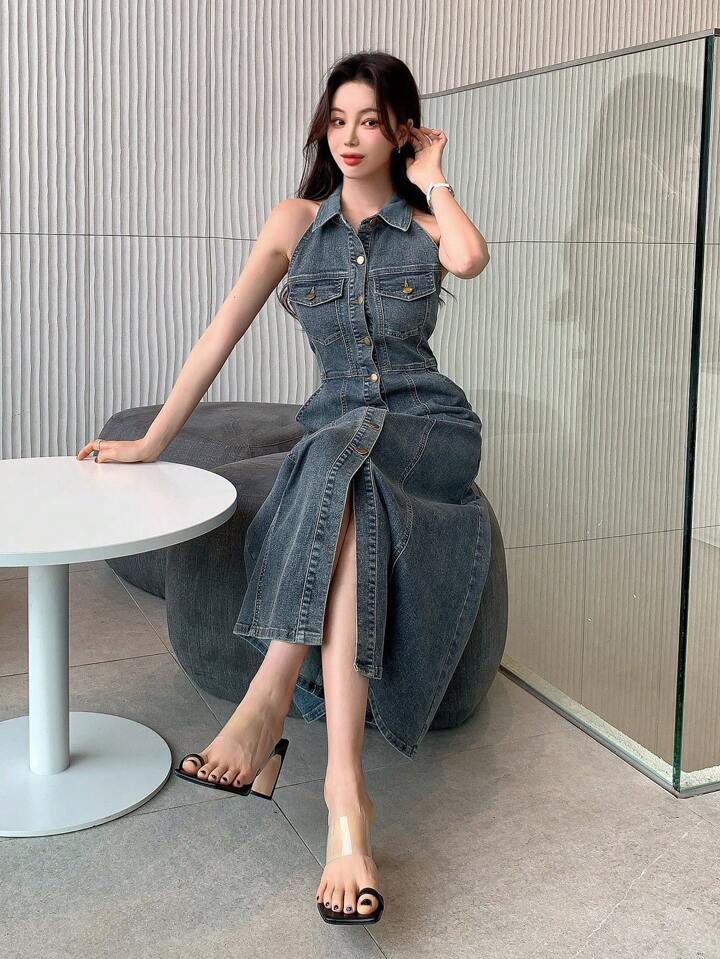 CM-DS142910 Women Casual Seoul Style Collar Neckline Sleeveless Single Breasted Denim Dress