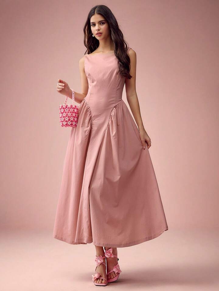 CM-DS145173 Women Elegant Seoul Style Solid Color Round Neck Pleated Long Sleeveless Dress - Pink
