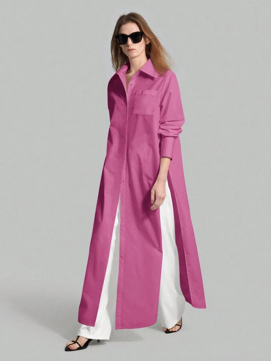 CM-TS834374 Women Casual Seoul Style Shirt Collar Long Sleeve Front Button High Slit Long Shirt - Purple