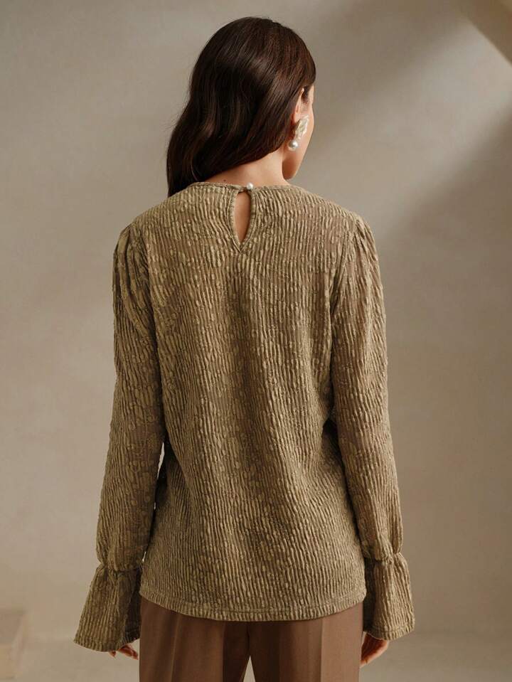 CM-TS591242 Women Elegant Seoul Style Pearl Collar V-Neck Bell Sleeve Textured Blouse Top - Khaki