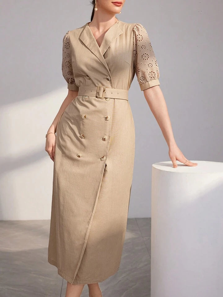 CM-DS145223 Women Casual Seoul Style Hollow Out Embroidery Puff Short Sleeve Shirt Dress - Khaki