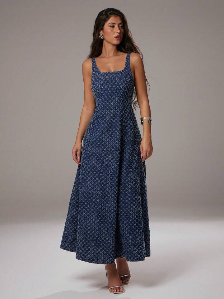 CM-DS096940 Women Elegant Seoul Style Medium Wash Square Neck Sleeveless Jacquard Denim Dress