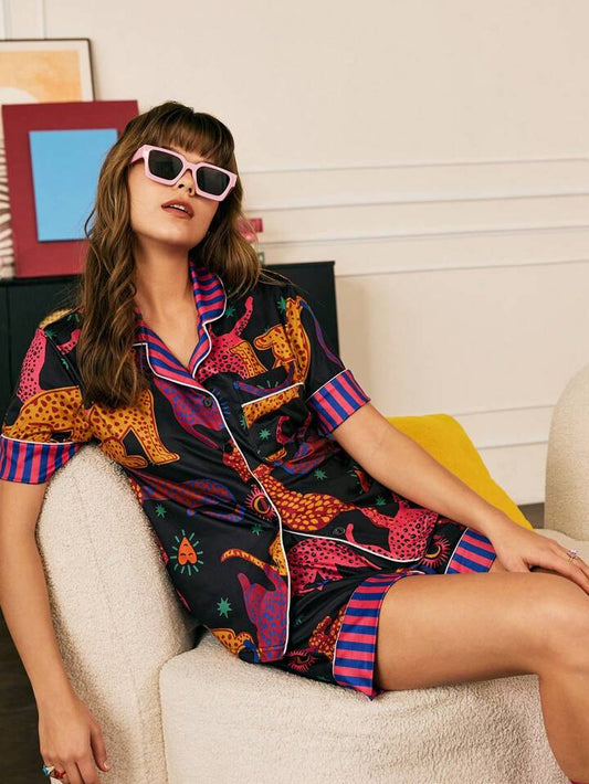 CM-LS143757 Women Trendy Seoul Style Leopard Print Button-Up Short Sleeve Top With Shorts Pajama Set