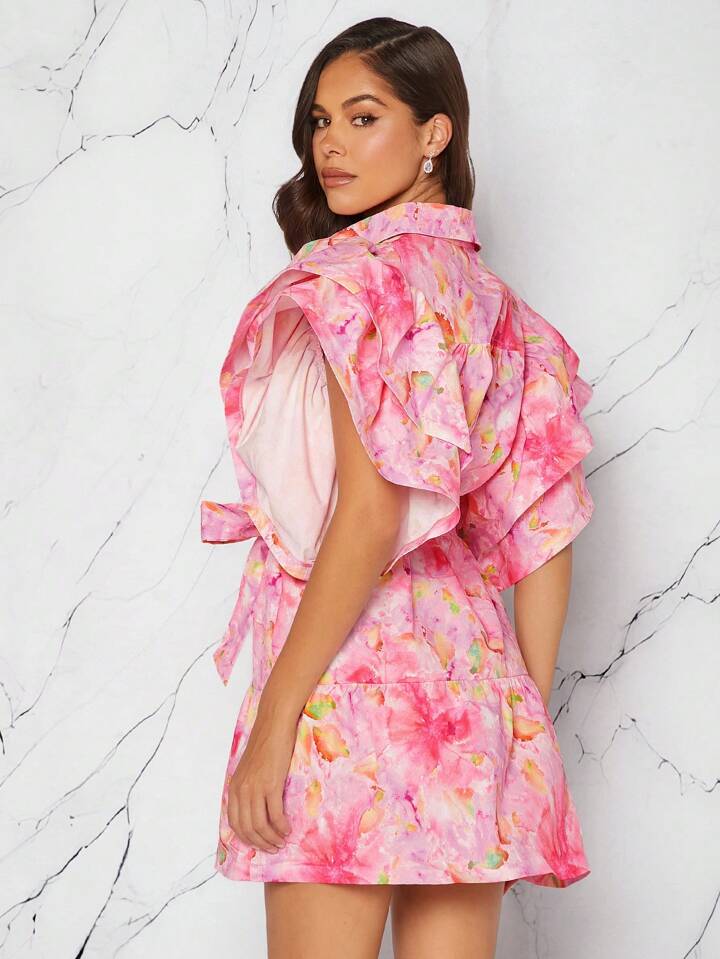 CM-DS011819 Women Trendy Bohemian Style Shirt Collar Short Sleeve Floral Printed Mini Dress