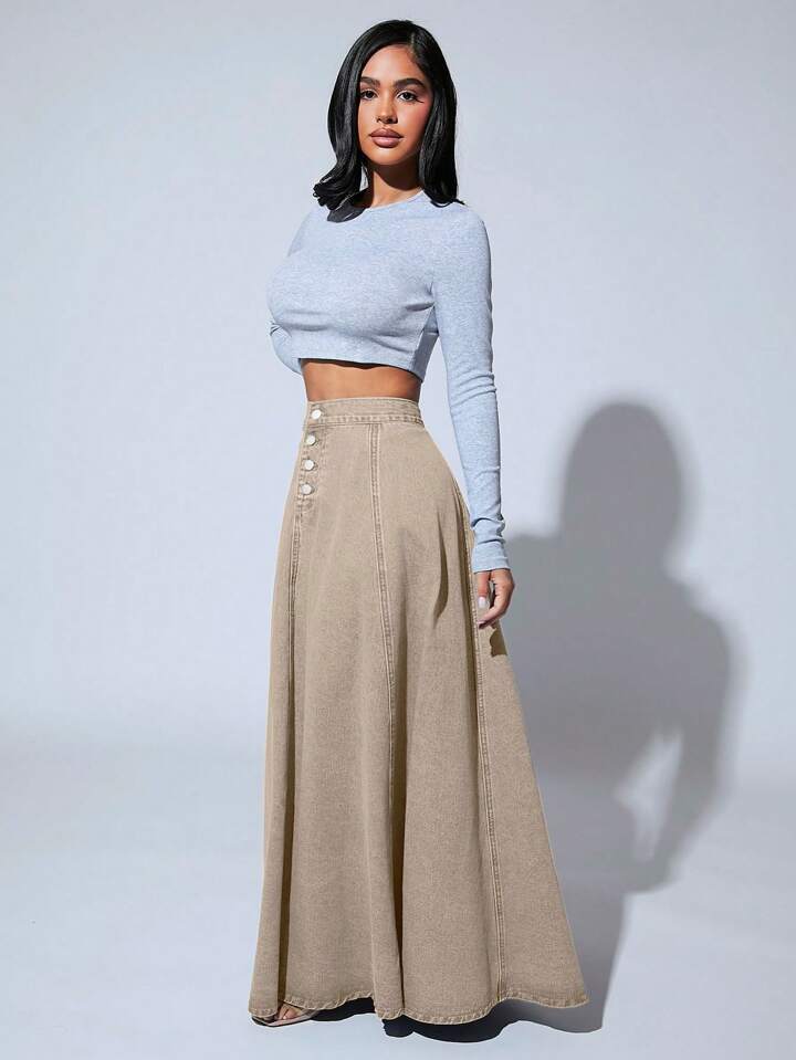 CM-BS789476 Women Casual Seoul Style High Waist Button Front Extra Long Denim Skirt - Apricot