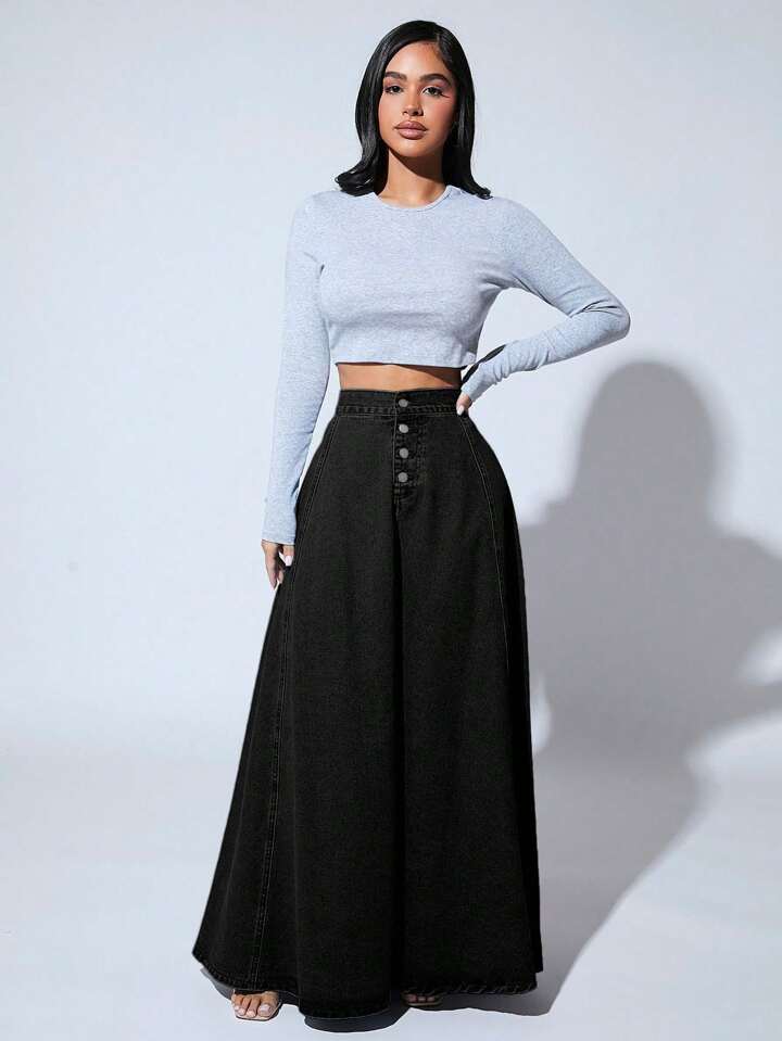 CM-BS790210 Women Casual Seoul Style High Waist Button Front Extra Long Denim Skirt - Black