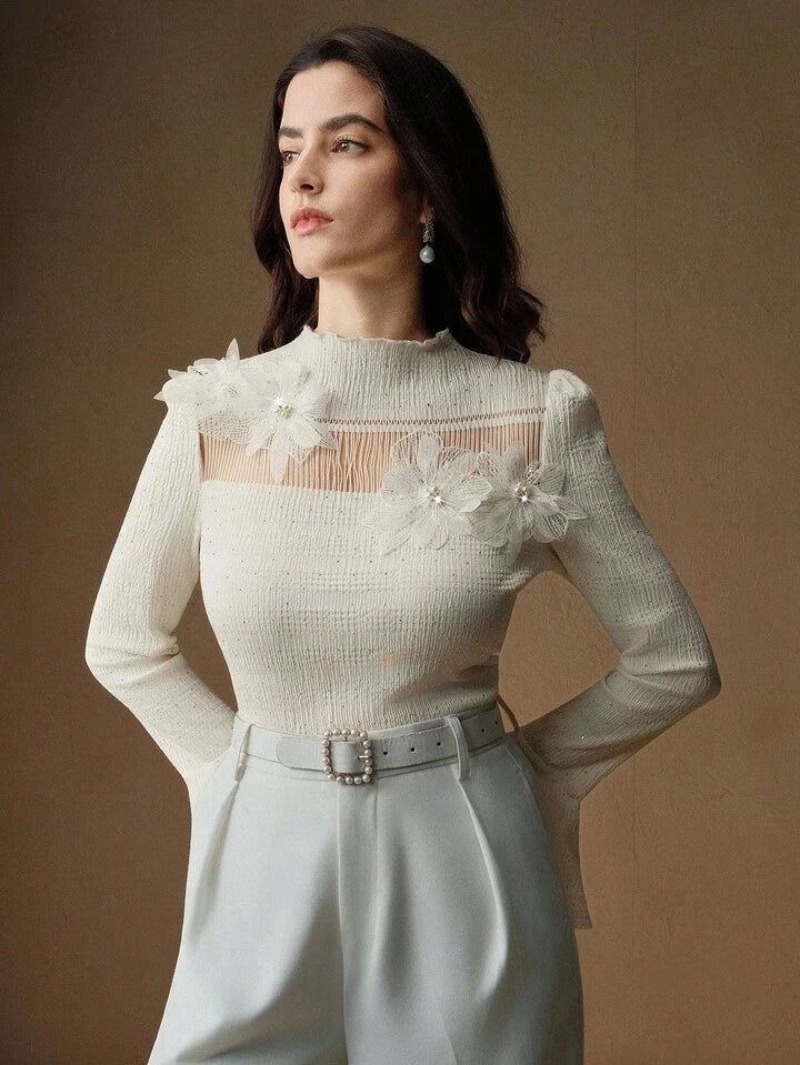 CM-TS613963 Women Elegant Seoul Style Floral Appliques Stand Collar Extra Long Flared Sleeve Blouse - Apricot