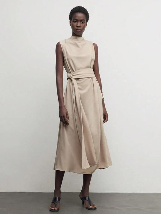 CM-DS667609 Women Elegant Seoul Style Stand Collar Sleeveless Long Belted Dress - Khaki