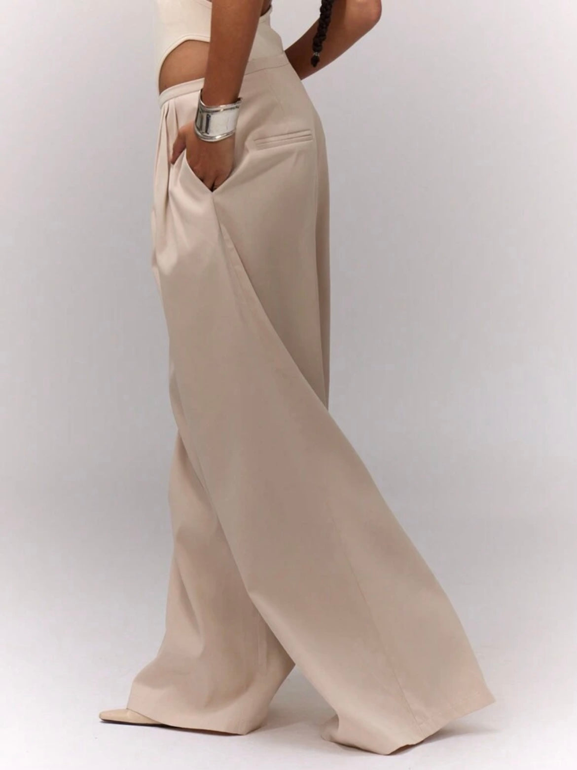 CM-BS550066 Women Casual Seoul Style Wide Leg Pleated Waist Loose Trousers - Apricot