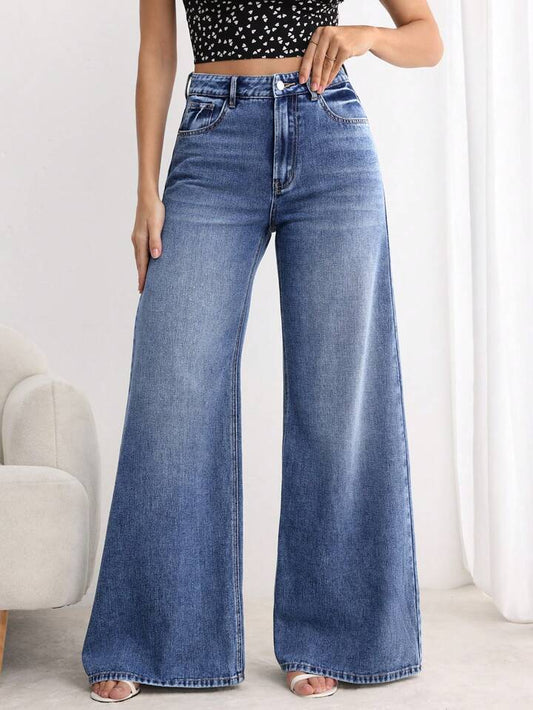 CM-BS966802 Women Elegant Seoul Style Medium Wash Button Front Pocket Loose Wide Leg Jeans